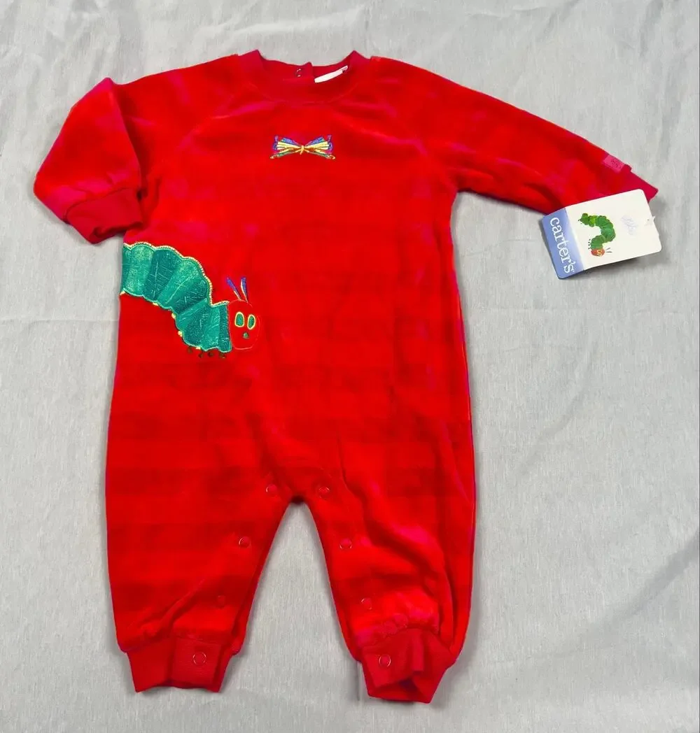 Vintage NWT Carter's Eric Carle Velour Hungry Caterpillar Romper 6 9M Red Baby